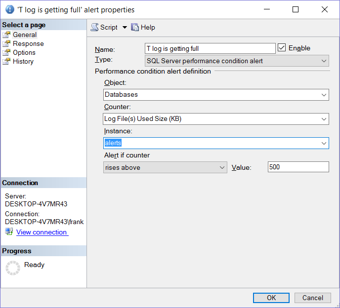 SQL Server Alert for T-log